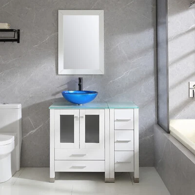 Mueble tocador de baño 36 pulgadas blanco con espejo de encimera de vidrio lavabo recipiente azul Foto 1 de 4