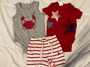 3 6 M Baby Gap 3pc Set Red Stars Bodysuit Striped 4th JULY Shorts Boy Outfit NWT - Picture 1 of 7