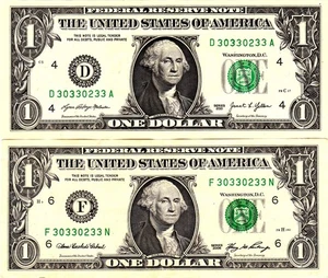 $1 2021 UNCIRCULATED  2006  Fancy Serial MATCHING SERIALS D30330233A  F30330233N - Picture 1 of 1