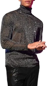 Herren Glitzer Netz Transparent Rollkragen Langarm Durchsichtig T-Shirt Tops M Größe - Bild 1 von 6