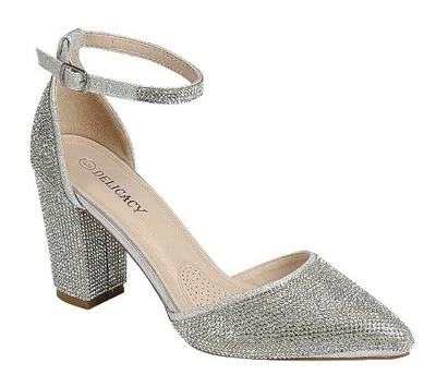 Closed Pointed Toe Silver Rhinestone Chunky Heel with Adjustable buckle clasp. - Image 1 of 4