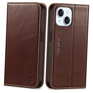 Case for iPhone 15 5G 2023, Genuine Leather Folio Wallet Coffee - Retro - Photo 1/7