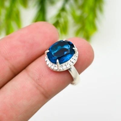 London Blue Topaz Gemstone 925 Sterling Silver Handmade Jewelry Ring For Gift - Image 1 of 4