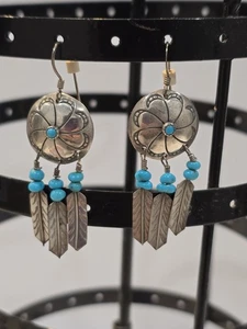 70er Jahre Handarbeit Indianer Sterlingsilber Ohrhänger Türkis Ohrringe  - Bild 1 von 7