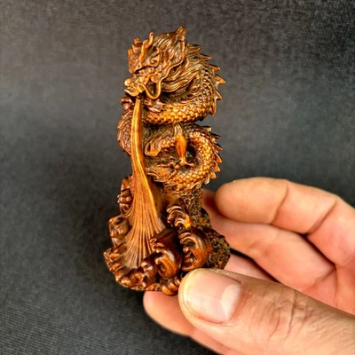 Estatua de dragón chino escultura larga decoración de pared de madera mini arte tallado en madera de boj Foto 1 de 4