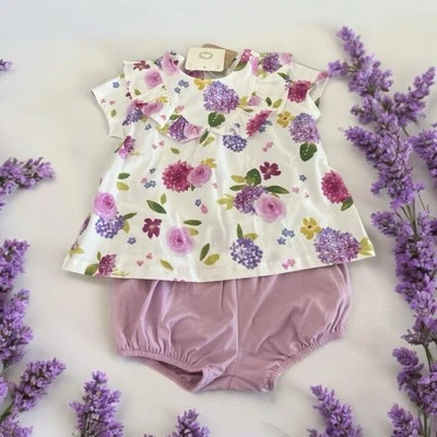 Vestido e calcinha floral roxo lavanda 2 peças algodão 12M bebê meninas novo com etiquetas Mayoral - Imagem 1 de 4