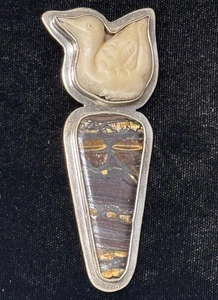 Vintage Amy Kahn Russell AKR Sterling Silver Tiger Eye Duck Bird 3” Pin Brooch - Picture 1 of 7