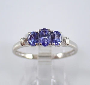 Oval Simulated Blue Tanzanite Wedding Three-Stone Ring In 14k White Gold Plated - Picture 1 of 5