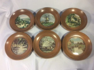 Vintage 1941 Landscape Prints In Round Wooden Frames Set of 6 - Picture 1 of 5
