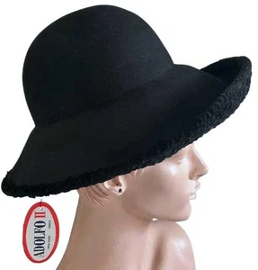 NWT 70s Vintage Adolfo Hat Bollman Excello Black Felt Curly Wool Wide Brim Fall - Picture 1 of 9