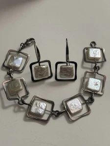 Orecchini Bracciale Argento Sterling Artigianale Geometrico Modernariato Maglia Quadrata Perle - Foto 1 di 4