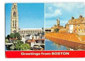 Greetings from Boston, St. Botolph's Church & Windmill, Lincolnshire Postcard - Picture 1 of 2