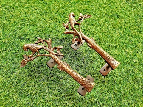 Set of Two Parrot Shape Handmade Brass Door Gate Handles Wardrobe Push and Pull Cover