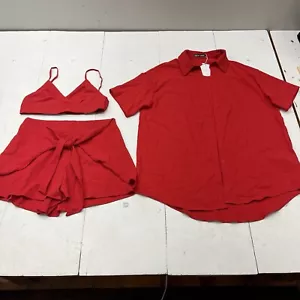 SHEIN Red 3-Piece Outfit Set Crop Tank Top / Shorts / Button Up Women’s Size L - Picture 1 of 14