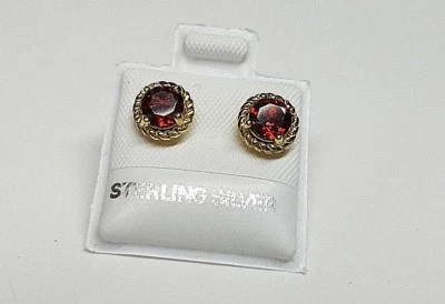 PIEDRA PRECIOSA ROJA GRANATE Genuina ORO 18K PLATA ESTERLINA 925 Nuevos PENDIENTES STUD Foto 1 de 4