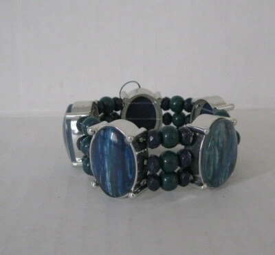 New CHICO'S Teal & Navy Mix Wide Stretch Bracelet Stones, Beads, Nickel Free  - Image 1 of 3