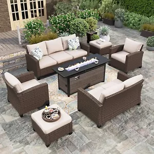 Patio Furniture Set Outdoor Wicker Rattan Sofa Conversation with/ Fire Pit Table - Picture 1 of 9
