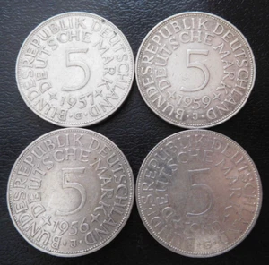 GERMANY - BRD / 4 x SILVER 5 MARK / 1956 J - 1957 G - 1959 J - 1960 G - Picture 1 of 2