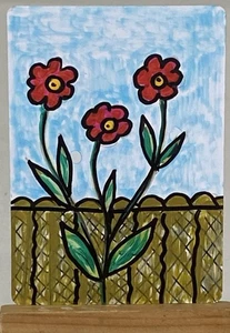 Flores en el patio trasero.  Tarjeta de arte original ACEO - Imagen 1 de 5