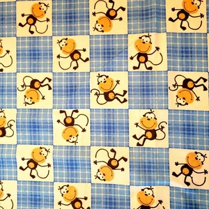 Cotton Fabric Blue Plaid Cartoon Monkeys Kids Sewing Quilting Material 29 x 44" - Picture 1 of 7