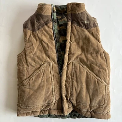 Chaleco Oshkosh Boys 7 Reversible Marrón Pana Camuflaje Y2K Puffer Foto 1 de 4