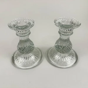Pair Pressed Glass Taper Candlestick Holders Clear Vintage Ribbed Pattern Decor - Picture 1 of 8