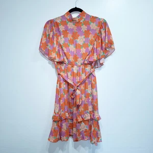 New Twisted Wunder London Orange Happy Floral Ruffle Mini Dress Size 10 - Picture 1 of 12