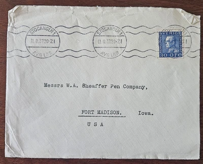 1937 Estocolmo, Suecia a EE. UU. cubierta AVG LBR 30 ore a Ft. Madison, Iowa Foto 1 de 3