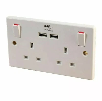 Double Wall Socket Mains With 2 USB Twin Fast Charger Plug Switched Ports 2 Gang - Image 1 of 2