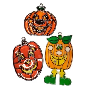 Vtg Stained Glass Sun Catcher Pumpkin Halloween Ornament Lot of 3 - Picture 1 of 4