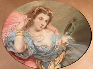 English School Original Antique Pastel Portrait of Languorous Lady & Hand Mirror - Picture 1 of 14