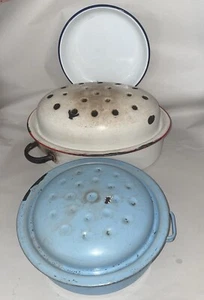 Plato para asar vintage con tapa esmaltada X2 blanco y azul y 1 tazón/plato poco profundo - Imagen 1 de 24