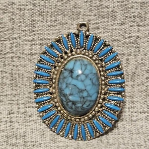 Vintage Southwestern Faux Turquoise Needlepoint Silvertone Costume Pendant - Picture 1 of 5