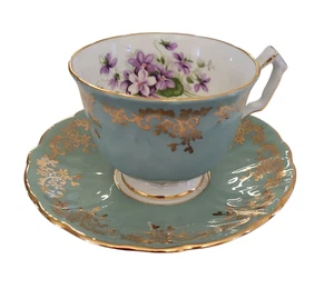 Aynsley Bone China Teacup & Saucer Violets Turquoise Blue Gold Gilt England - Picture 1 of 12