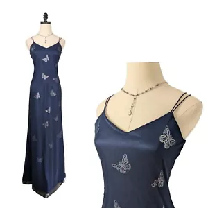 Vintage Prom Dress Maxi Gown 90s Y2K Butterfly Goth Mesh Overlay Blue Black S - Picture 1 of 12