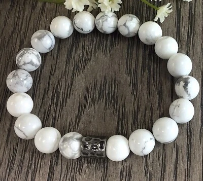 White Howlite beaded bracelet with cylinder pendant healing balancing gift - Image 1 of 4
