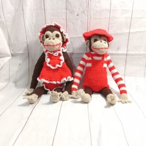 Vintage Hand Crochet Pair of Monkeys Crotchet Stuffed Plush - Picture 1 of 8