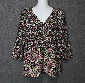 J Jill Top Womens Large Black Floral Print Popover Rayon A-Line Blouse - Picture 1 of 12