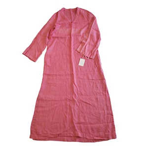120% LINO M Camelia Pink Linen Garment Dyed V-Neck Kaftan Dress NWT Resortwear - Picture 1 of 11