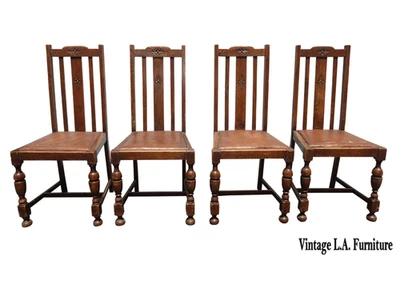 Set of Four Antique French Country Brown Side Chairs w Leather Seats - Image 1 of 4