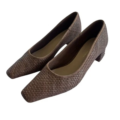 Loeffler Randall Nerine 棕色编织拉菲亚方头粗跟高跟鞋 10B  — 第 1/4 张图片