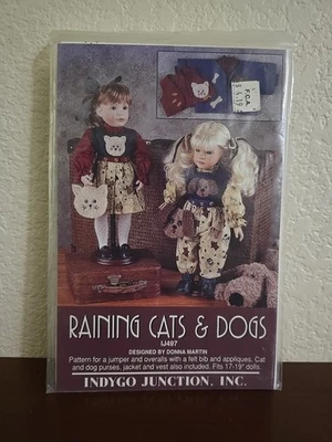 Indygo Junction Raining Cats & Dogs Doll Overalls Pattern Donna Martin IJ497 - Image 1 of 4