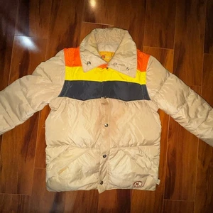 Vintage Camel Goose Down Puffer Jacket XS Tan Rainbow Stripe 80s Made in Korea - Picture 1 of 14