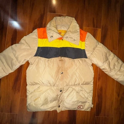 Vintage Camel Goose Down Puffer Jacket XS Tan Rainbow Stripe 80s Made in Korea - Image 1 of 4