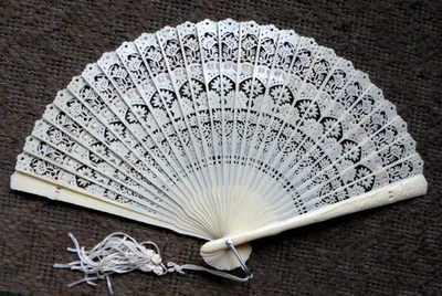 Hand-held Fan ~ tassel ~ 12” ~ Hong Kong ~ vintage Celluloid plastic - Image 1 of 4