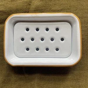 Enamel Soap Dish & Tray Traditional White Mustard Rim New Free P&P - Picture 1 of 1