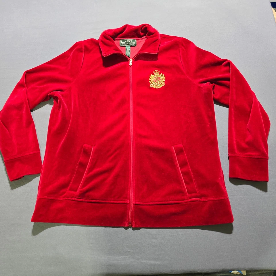 Lauren Ralph Lauren Active women Red Velvet Jacket sweatshirt crest 1X zip logo - Image 1 of 4