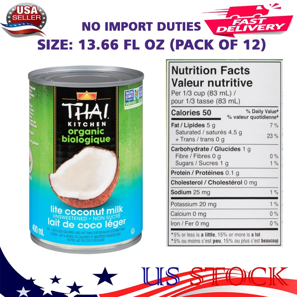 Leche de coco ligera orgánica sin azúcar Thai Kitchen, 13,66 fl oz (paquete de 12) Foto 1 de 4