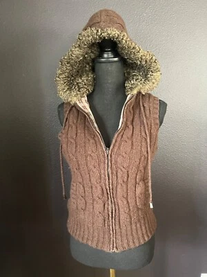 Chaleco De Colección Esprit Y2K Mezcla de Lana de Cordero Marrón Para Mujer Pequeño Suéter Tejido con Cable Con Capucha Foto 1 de 4