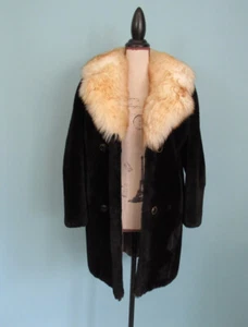 Size: S VINTAGE Faux Fur Coat Black and Blonde Fur Collar Above the Knee - Picture 1 of 12